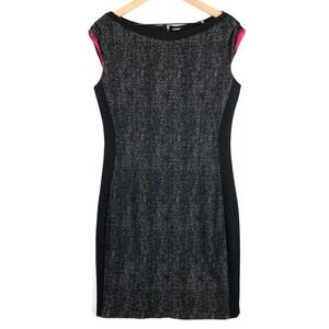ELIE TAHARI Tweed Sheath Dress Sz 10 Black & Pink Knee Length Lined Cap Sleeve